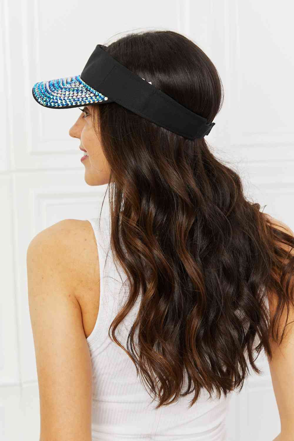 Fame Make It Sparkle Visor Hat with rhinestone rim, black color, adjustable strap, perfect for outdoor fashion.