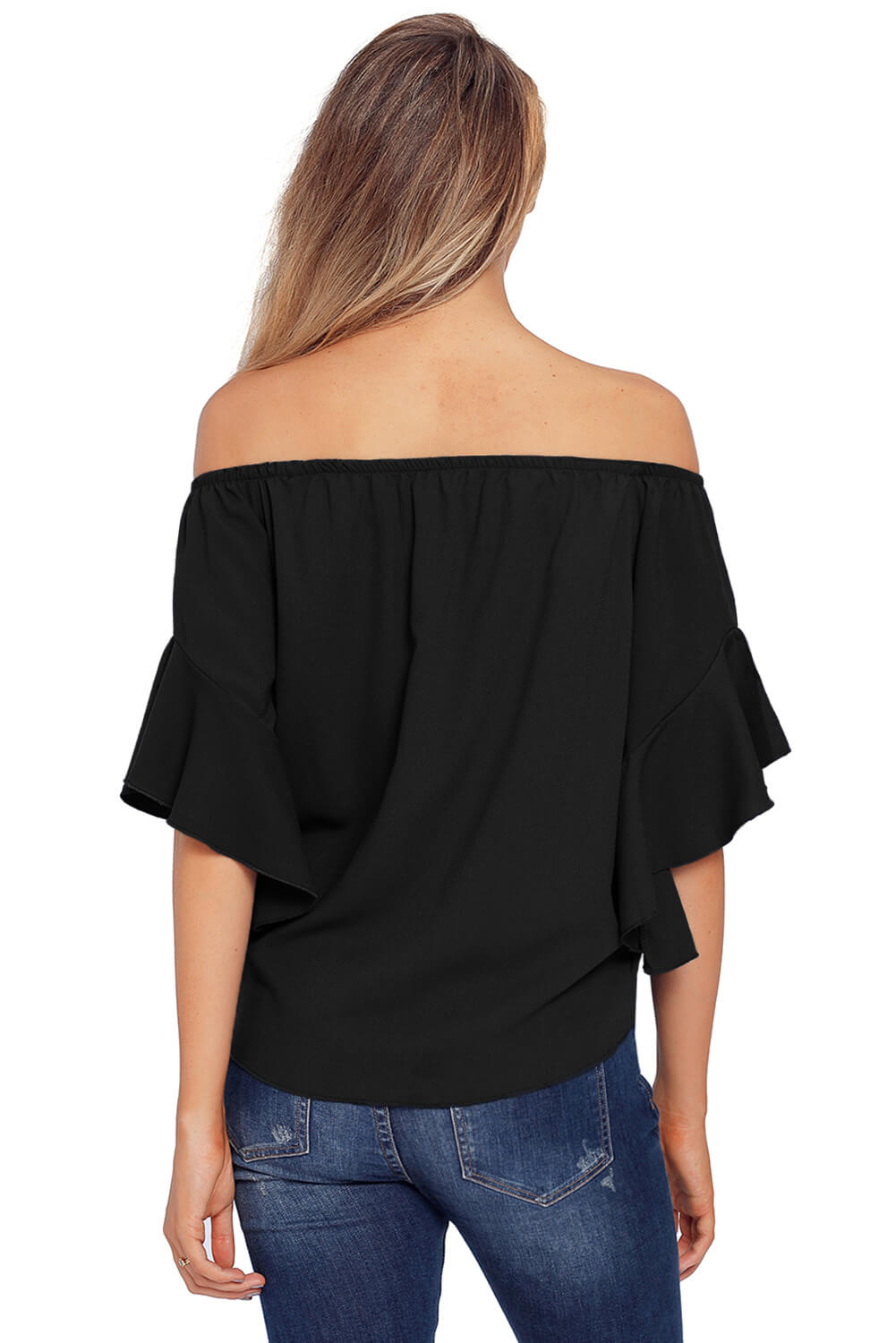 Fashion Black Off The Shoulder Knot Front Top featuring ruffle sleeves and a stylish knot front design, perfect for casual and club wear.