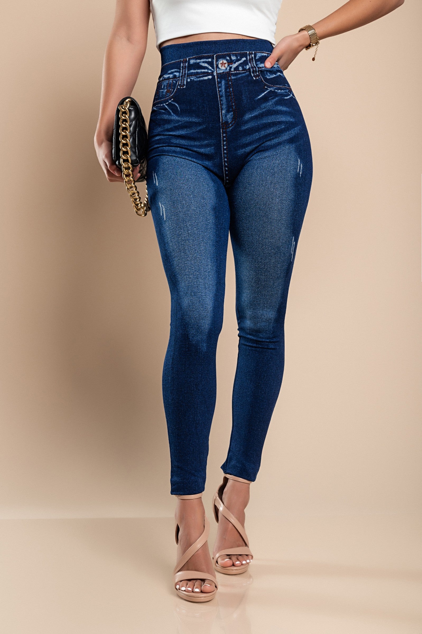 Fashion Faux Denim Leggings in Blue, featuring a high waist and stretchy fabric for comfort and style.