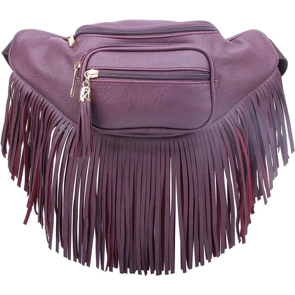 Fashion Fringe Tassel Fanny Pack in faux leather with adjustable strap and gold-tone hardware.