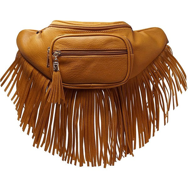 Fashion Fringe Tassel Fanny Pack in faux leather with adjustable strap and gold-tone hardware.