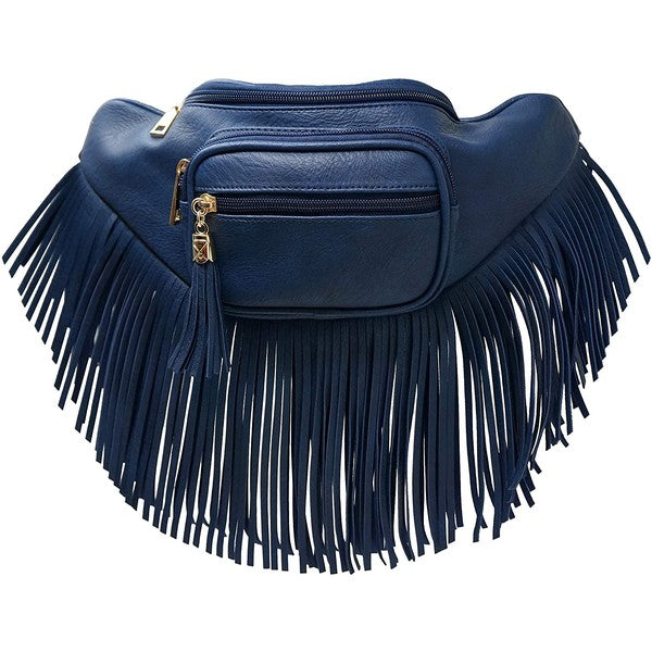 Fashion Fringe Tassel Fanny Pack in faux leather with adjustable strap and gold-tone hardware.