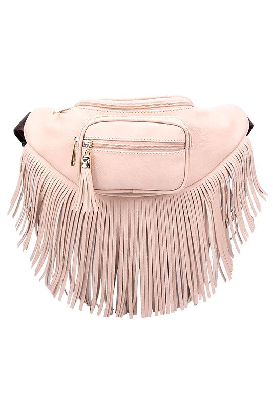 Fashion Fringe Tassel Fanny Pack in faux leather with adjustable strap and gold-tone hardware.