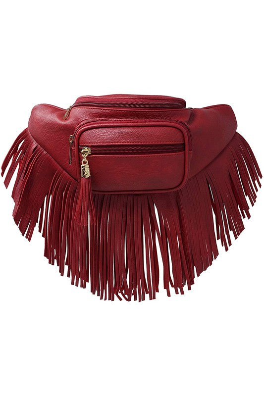 Fashion Fringe Tassel Fanny Pack in faux leather with adjustable strap and gold-tone hardware.