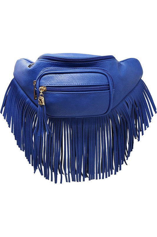 Fashion Fringe Tassel Fanny Pack in faux leather with adjustable strap and gold-tone hardware.