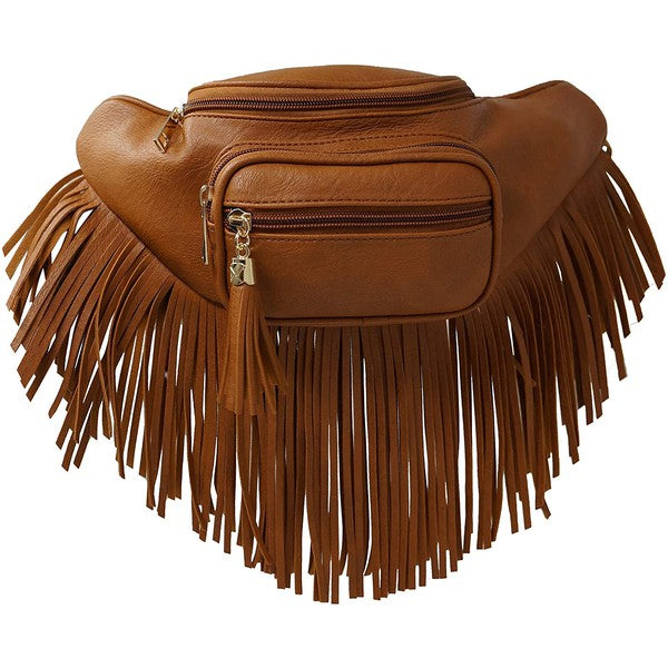 Fashion Fringe Tassel Fanny Pack in faux leather with adjustable strap and gold-tone hardware.