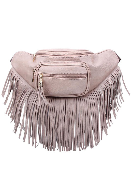 Fashion Fringe Tassel Fanny Pack in faux leather with adjustable strap and gold-tone hardware.