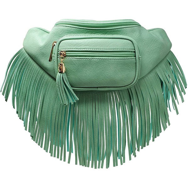 Fashion Fringe Tassel Fanny Pack in faux leather with adjustable strap and gold-tone hardware.