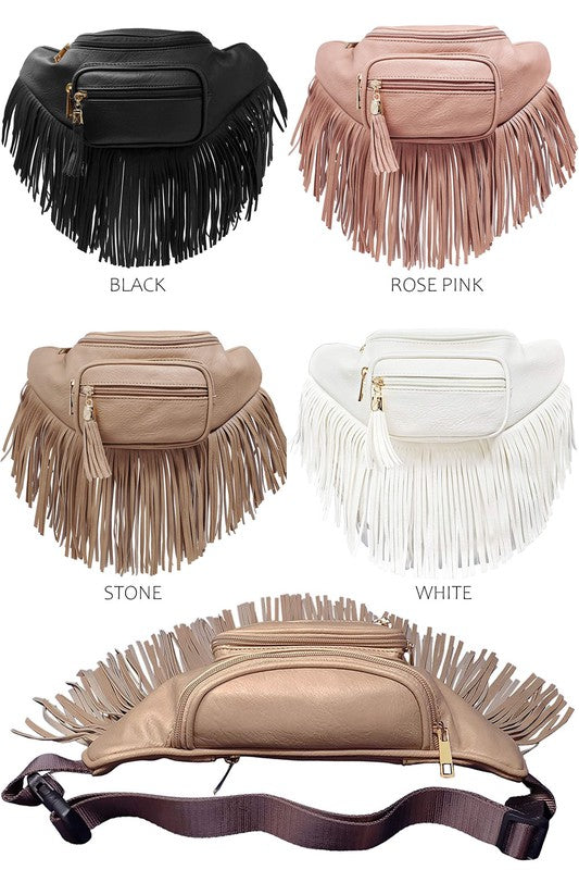 Fashion Fringe Tassel Fanny Pack in faux leather with adjustable strap and gold-tone hardware.