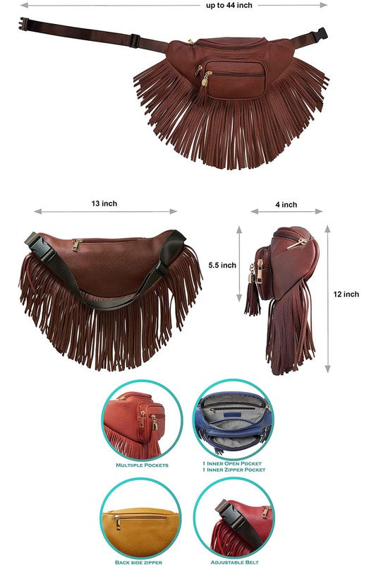 Fashion Fringe Tassel Fanny Pack in faux leather with adjustable strap and gold-tone hardware.