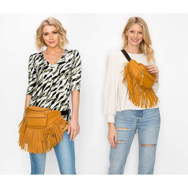 Fashion Fringe Tassel Fanny Pack in faux leather with adjustable strap and gold-tone hardware.