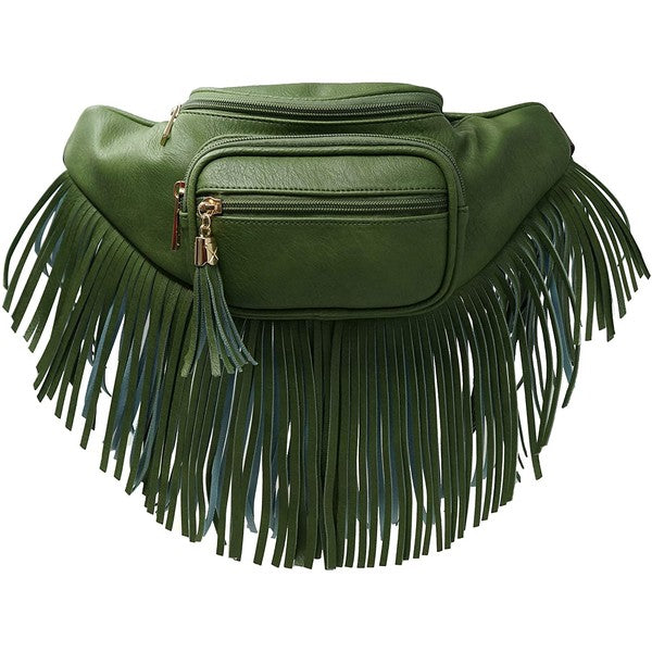 Fashion Fringe Tassel Fanny Pack in faux leather with adjustable strap and gold-tone hardware.