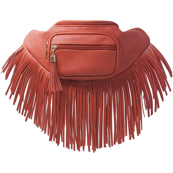 Fashion Fringe Tassel Fanny Pack in faux leather with adjustable strap and gold-tone hardware.