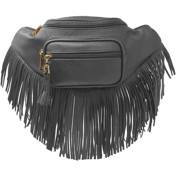 Fashion Fringe Tassel Fanny Pack in faux leather with adjustable strap and gold-tone hardware.