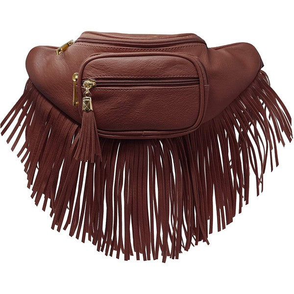 Fashion Fringe Tassel Fanny Pack in faux leather with adjustable strap and gold-tone hardware.