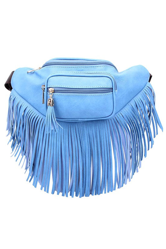 Fashion Fringe Tassel Fanny Pack in faux leather with adjustable strap and gold-tone hardware.