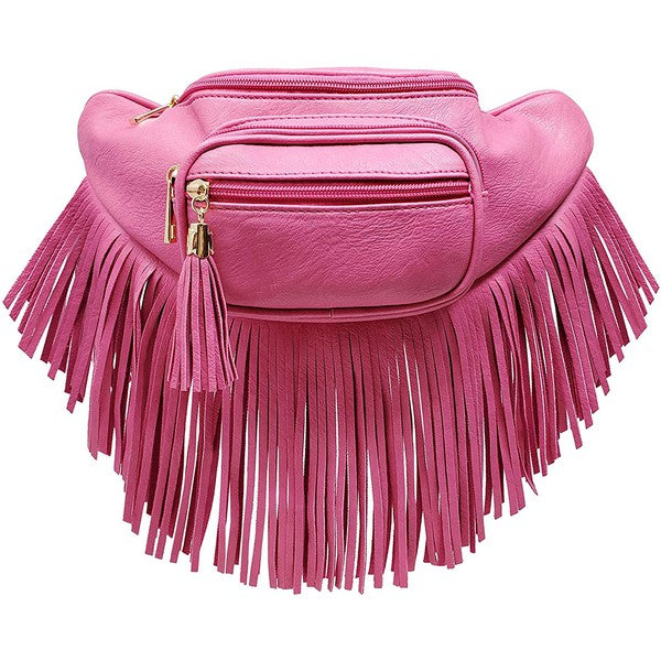 Fashion Fringe Tassel Fanny Pack in faux leather with adjustable strap and gold-tone hardware.