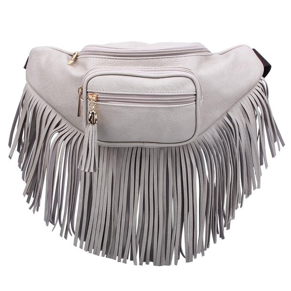 Fashion Fringe Tassel Fanny Pack in faux leather with adjustable strap and gold-tone hardware.