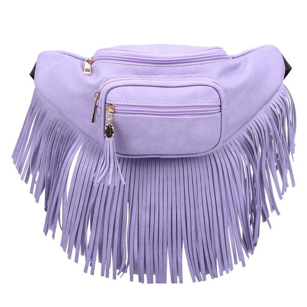 Fashion Fringe Tassel Fanny Pack in faux leather with adjustable strap and gold-tone hardware.