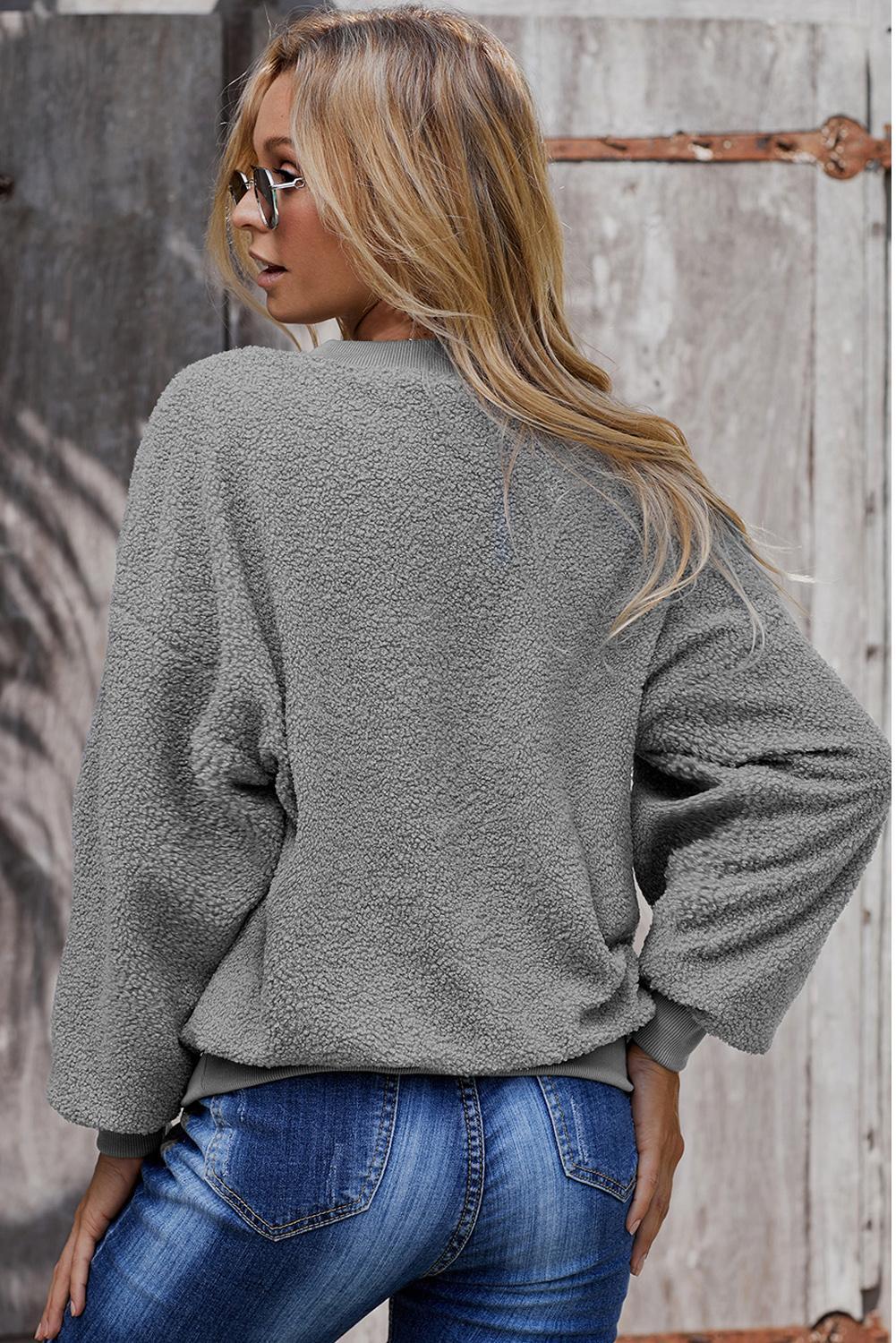 Fashion Gray Terry Thread Cashmere Sweatshirt featuring a cozy pullover style and distinctive terry thread neck, perfect for casual wear.