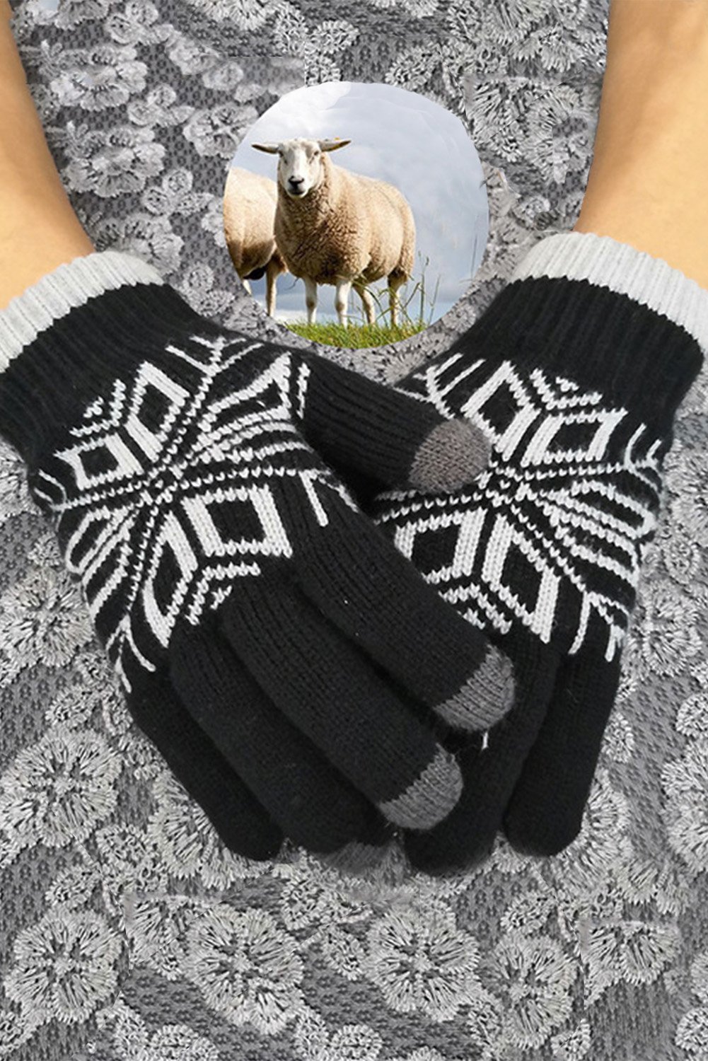 Fashion Pattern Touchscreen Texting Mittens made from soft wool and acrylic blend, featuring high-sensitivity fingertips for touchscreen use.