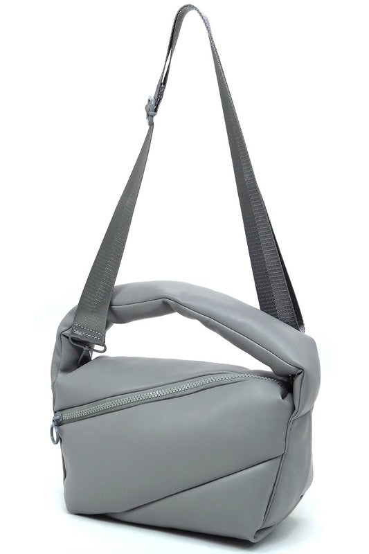 Fashion Puffy Tote Crossbody Bag made from faux vegan leather, featuring a zip top closure and detachable shoulder strap.