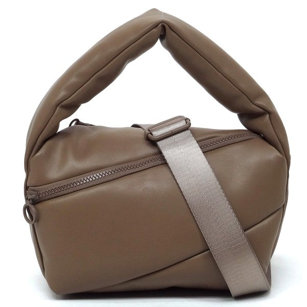 Fashion Puffy Tote Crossbody Bag made from faux vegan leather, featuring a zip top closure and detachable shoulder strap.