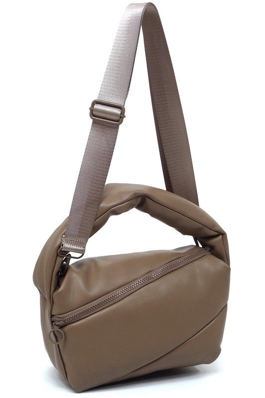 Fashion Puffy Tote Crossbody Bag made from faux vegan leather, featuring a zip top closure and detachable shoulder strap.