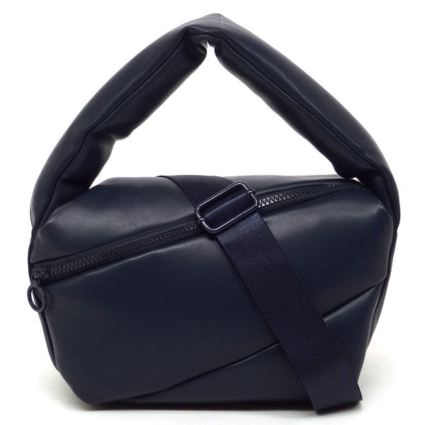 Fashion Puffy Tote Crossbody Bag made from faux vegan leather, featuring a zip top closure and detachable shoulder strap.