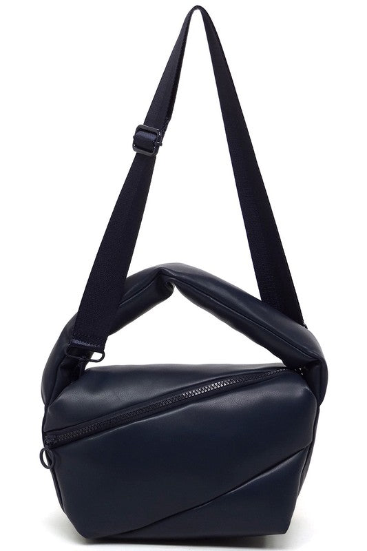 Fashion Puffy Tote Crossbody Bag made from faux vegan leather, featuring a zip top closure and detachable shoulder strap.