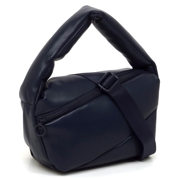 Fashion Puffy Tote Crossbody Bag made from faux vegan leather, featuring a zip top closure and detachable shoulder strap.