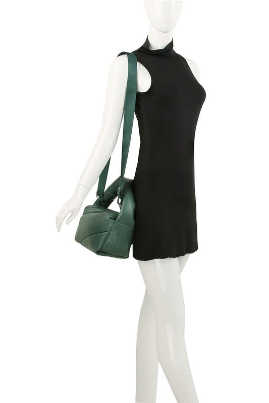 Fashion Puffy Tote Crossbody Bag made from faux vegan leather, featuring a zip top closure and detachable shoulder strap.