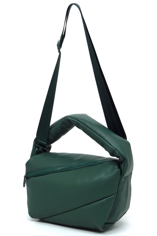 Fashion Puffy Tote Crossbody Bag made from faux vegan leather, featuring a zip top closure and detachable shoulder strap.