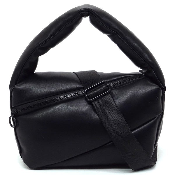 Fashion Puffy Tote Crossbody Bag made from faux vegan leather, featuring a zip top closure and detachable shoulder strap.