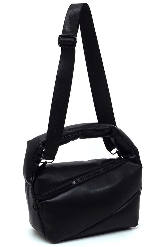 Fashion Puffy Tote Crossbody Bag made from faux vegan leather, featuring a zip top closure and detachable shoulder strap.