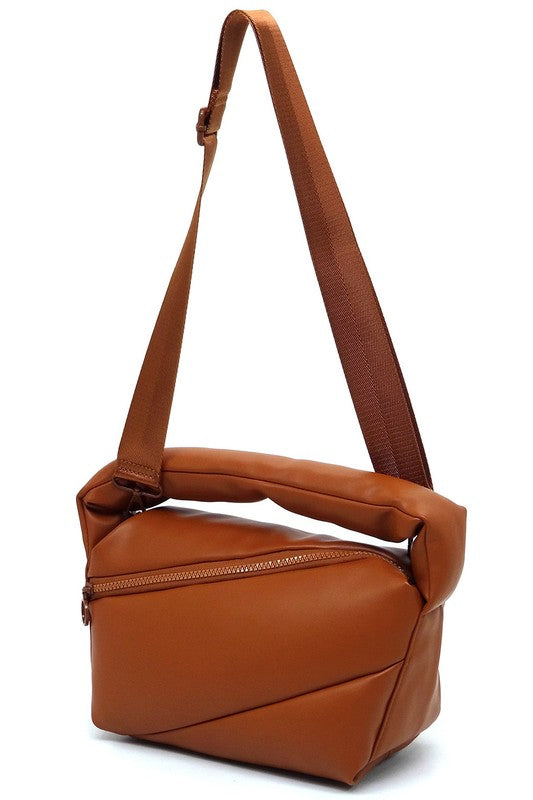 Fashion Puffy Tote Crossbody Bag made from faux vegan leather, featuring a zip top closure and detachable shoulder strap.