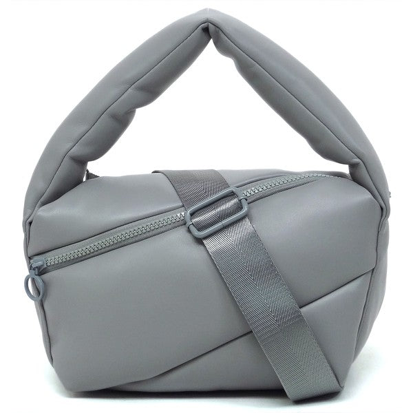 Fashion Puffy Tote Crossbody Bag made from faux vegan leather, featuring a zip top closure and detachable shoulder strap.