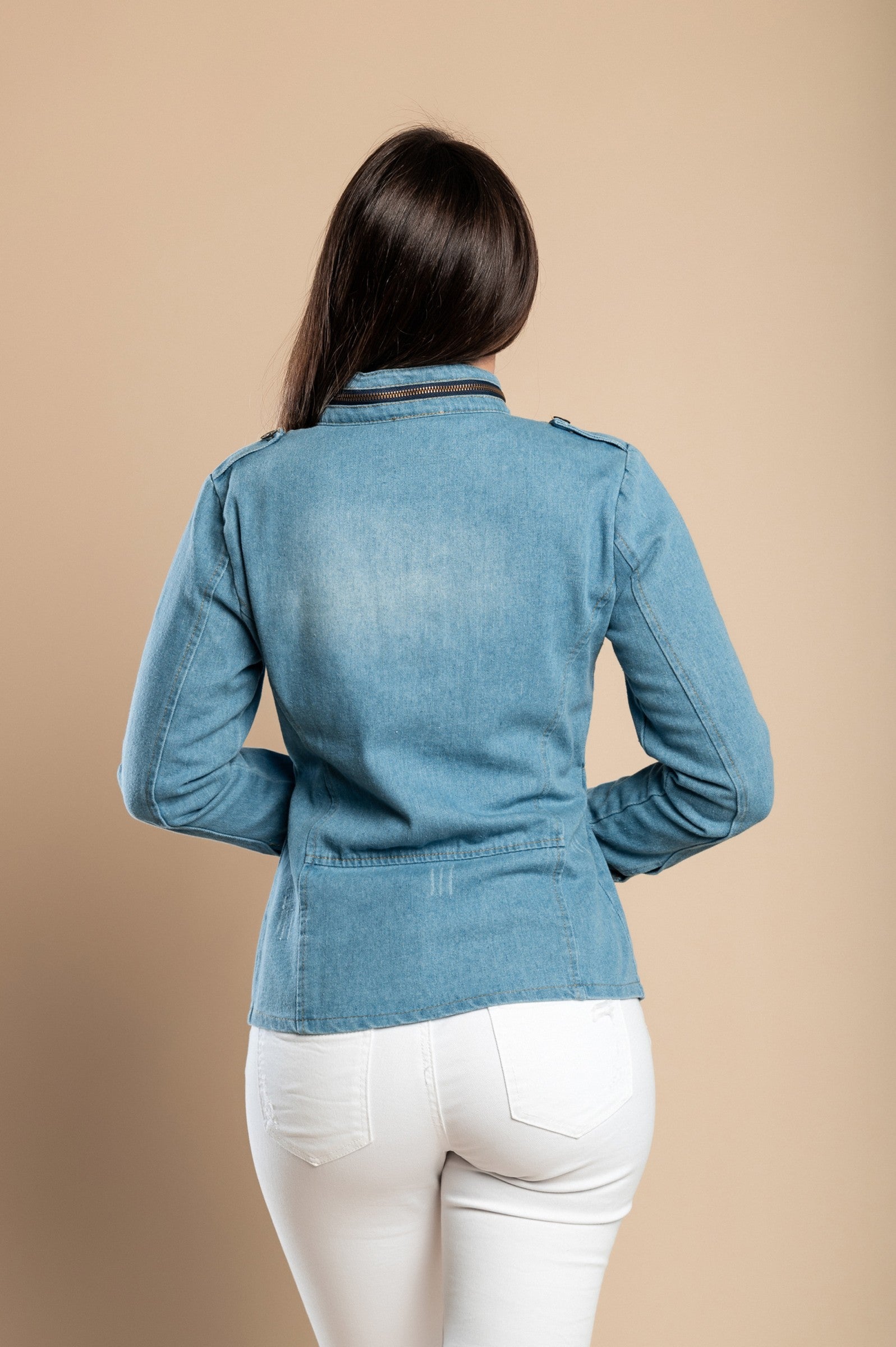 Fashionable Pembi denim jacket featuring long sleeves, stylish slits, decorative zipper on collar, and elastic waist, made from high-quality cotton.