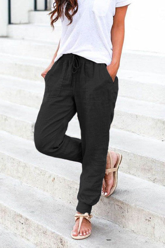 Amory fashionable long pants featuring elastic waist, drawstring, and front pockets, made from cotton and linen blend.