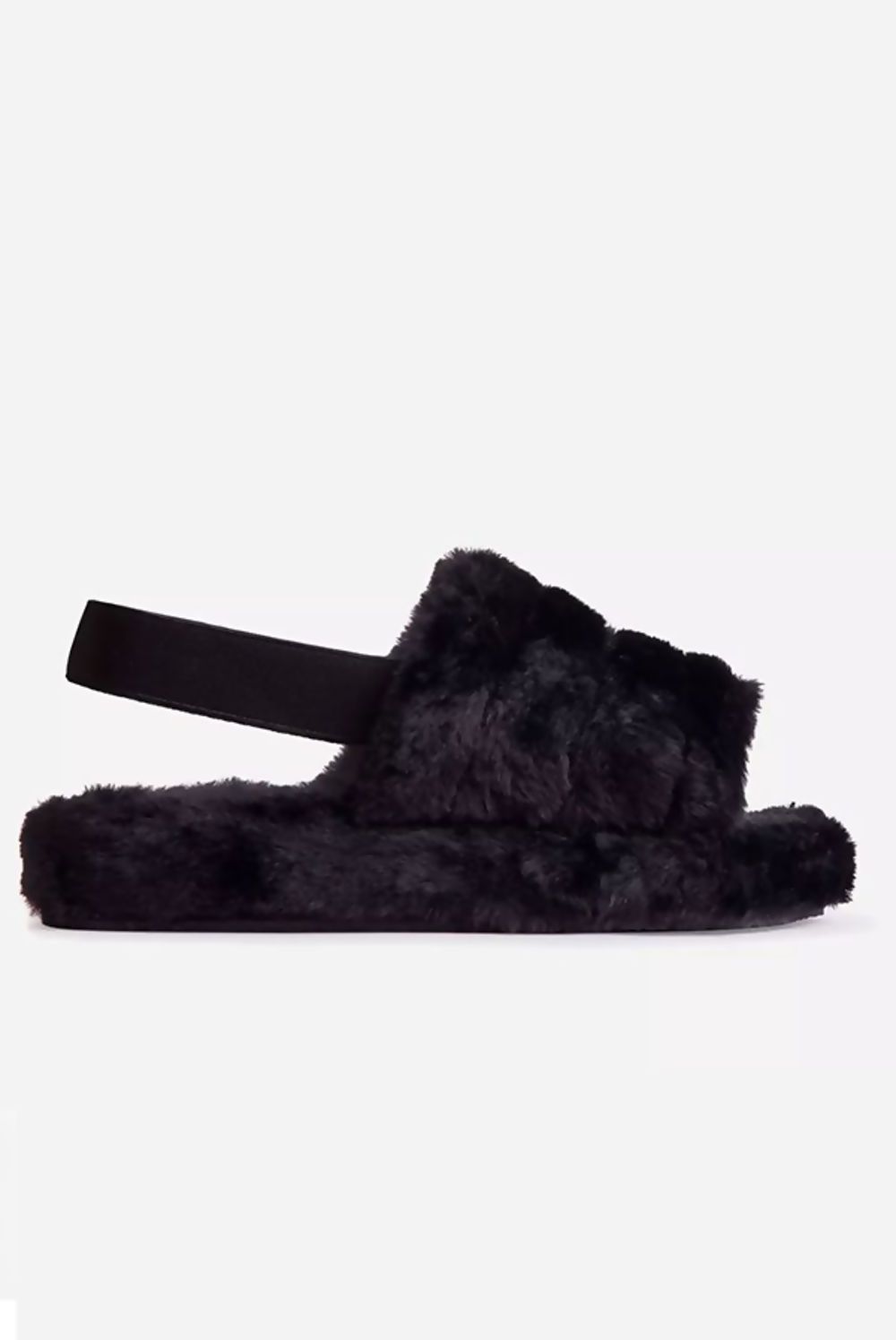 Cozy Faux Fur Fluffy Stripe Slippers with a heel strap, featuring a stylish stripe design in soft faux fur.