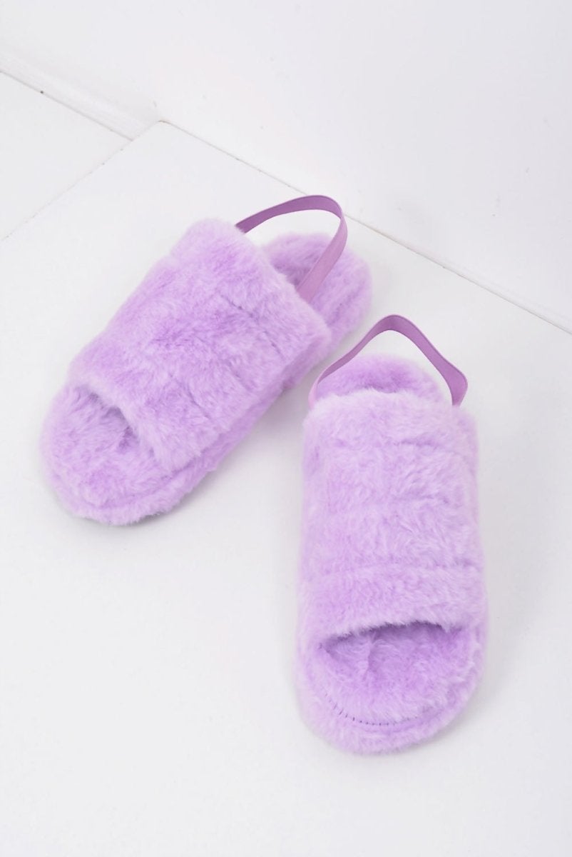 Cozy Faux Fur Fluffy Stripe Slippers with a heel strap, featuring a stylish stripe design in soft faux fur.