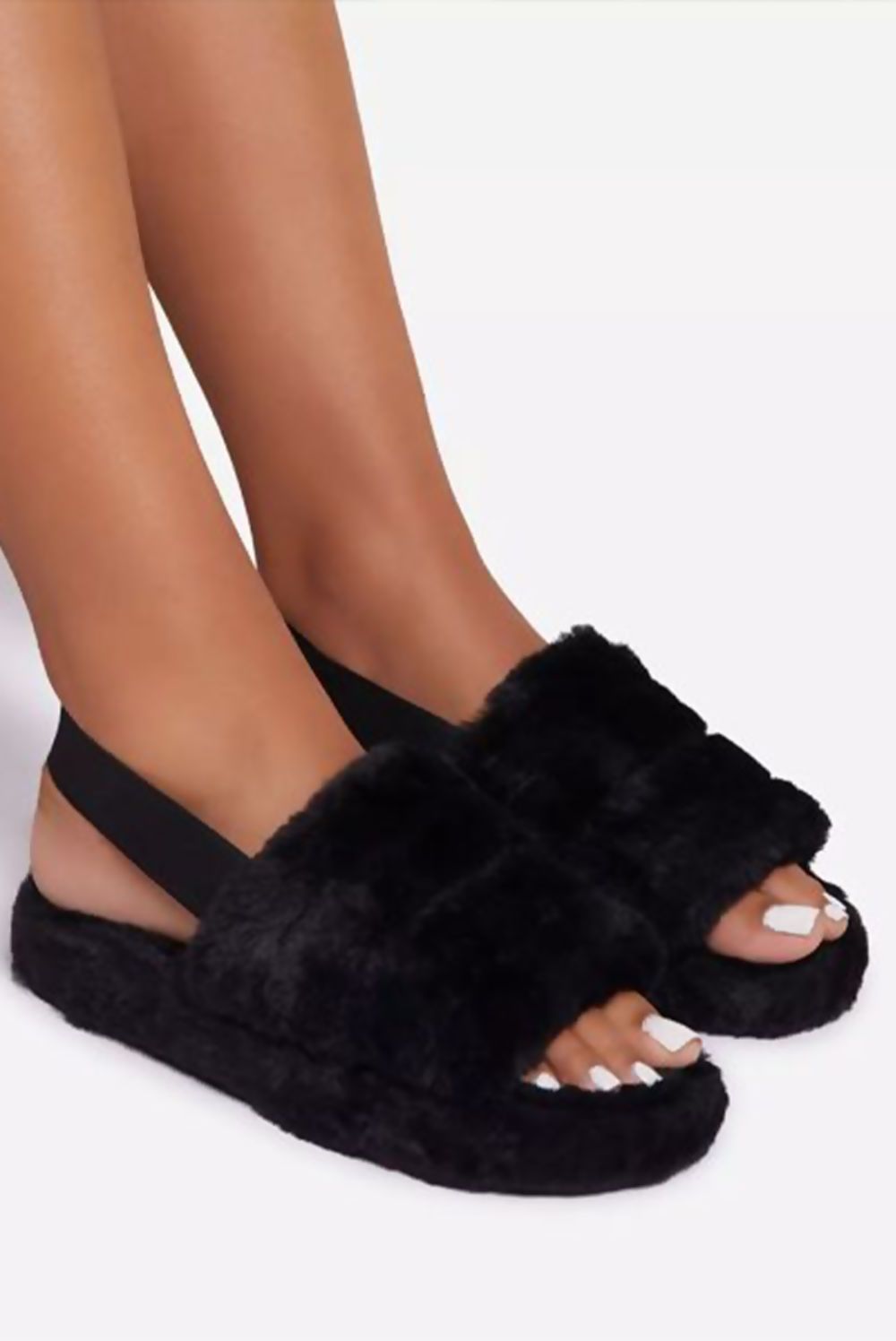 Cozy Faux Fur Fluffy Stripe Slippers with a heel strap, featuring a stylish stripe design in soft faux fur.