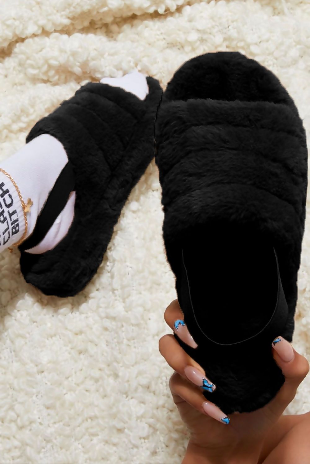 Cozy Faux Fur Fluffy Stripe Slippers with a heel strap, featuring a stylish stripe design in soft faux fur.