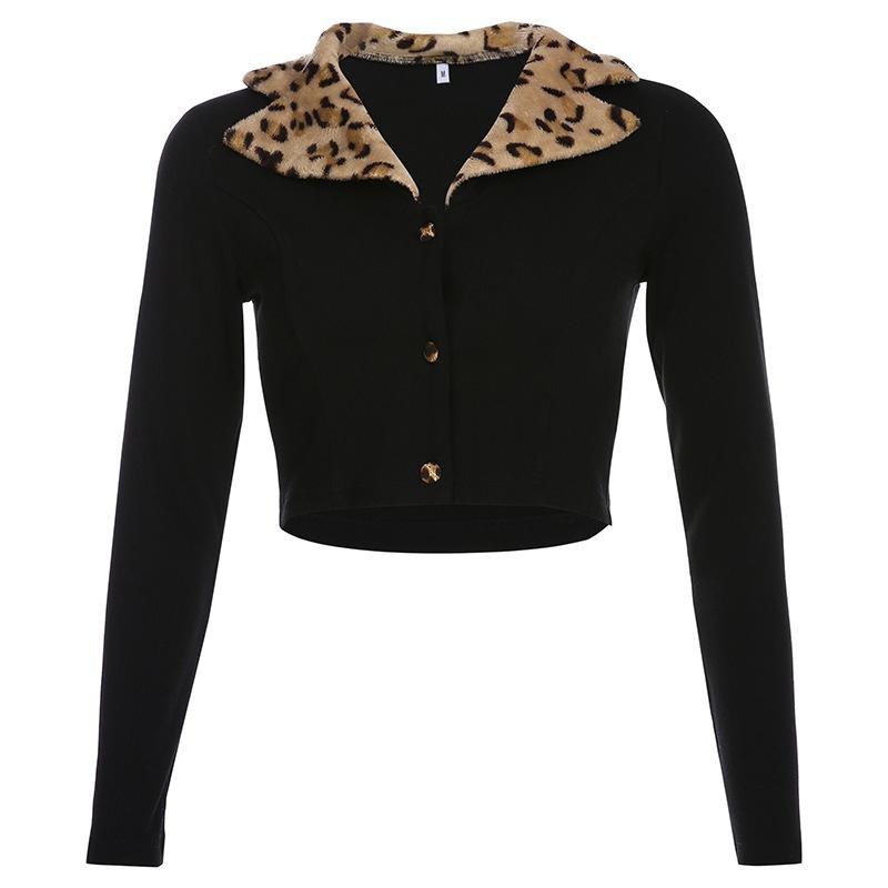 Faux fur patchwork knitted blouse in leopard pattern, showcasing full sleeves and a notched collar, perfect for winter fashion.