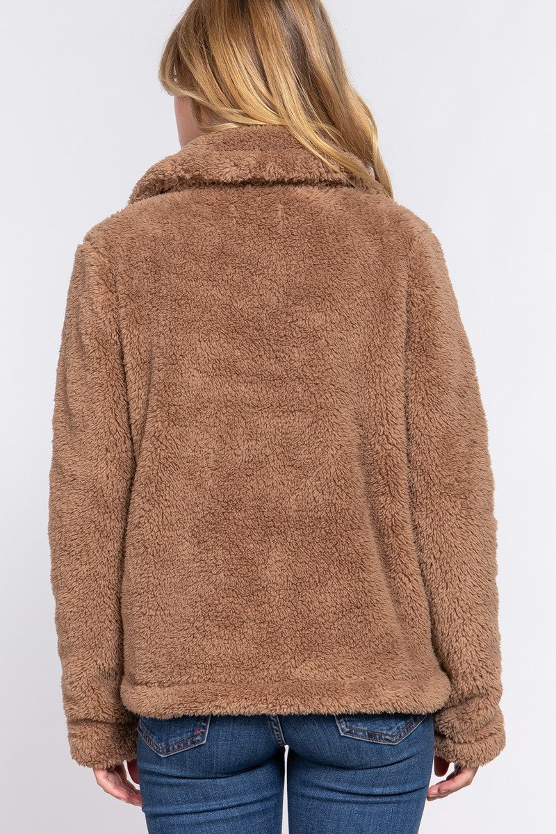 Camel Faux Fur Sherpa Jacket with notched collar, showcasing its luxurious texture and elegant design.