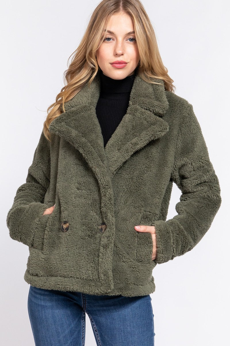 Camel Faux Fur Sherpa Jacket with notched collar, showcasing its luxurious texture and elegant design.