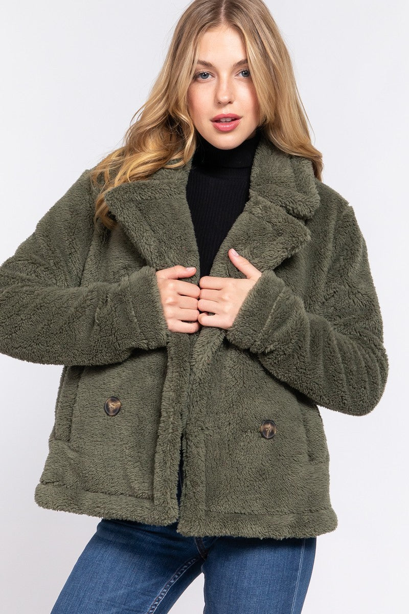 Camel Faux Fur Sherpa Jacket with notched collar, showcasing its luxurious texture and elegant design.