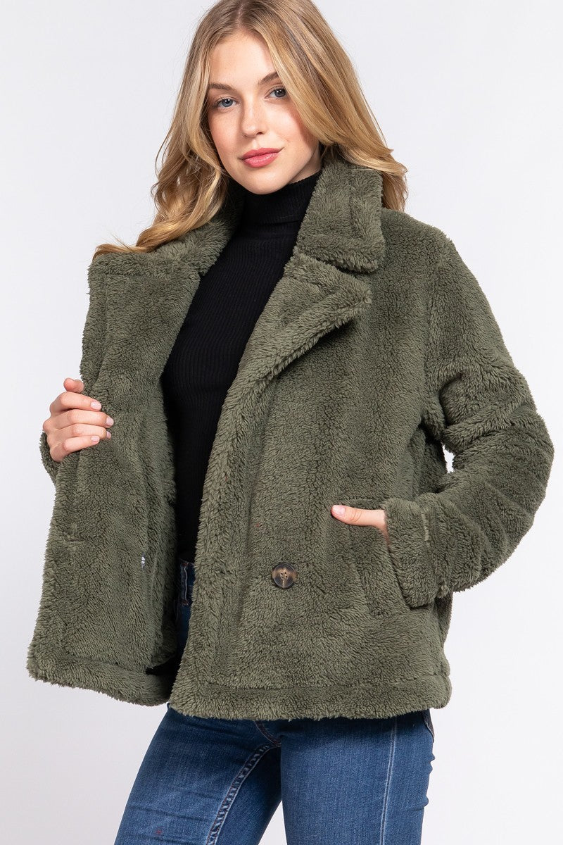 Camel Faux Fur Sherpa Jacket with notched collar, showcasing its luxurious texture and elegant design.