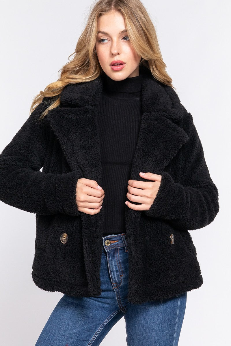 Camel Faux Fur Sherpa Jacket with notched collar, showcasing its luxurious texture and elegant design.