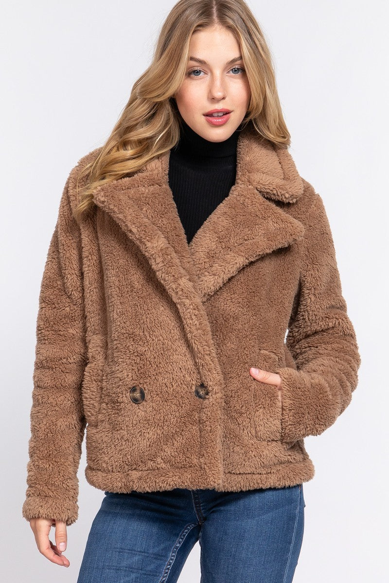 Camel Faux Fur Sherpa Jacket with notched collar, showcasing its luxurious texture and elegant design.